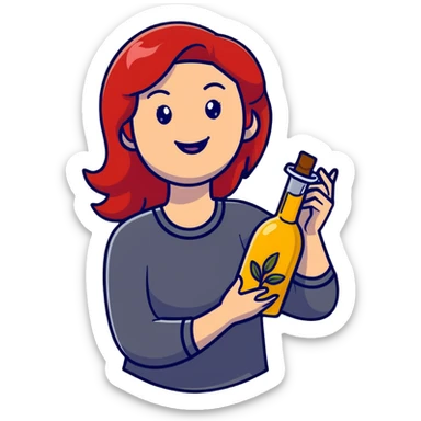 redhead woman with big smile holding olive oil bottle sticker