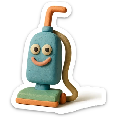 close-up of a playful upright vacuum with an expressive face in claymation style, pastel colors, detailed clay texture sticker
