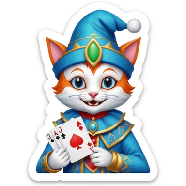 crazy colorful cute little cat jolly joker from poker, medieval, vintage, court jester, mac os icon, blue color, holds poker cards (clearly detailed and precise) sticker
