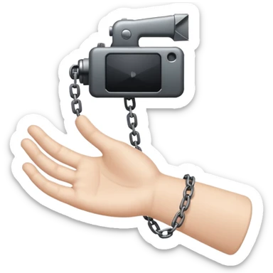 Minimalist emoji-style sticker of a human hand bound by a chain leading to a video camera. Icon-like, clean silhouette, muted tones. sticker