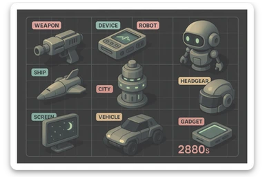 a virtual display, a gray grid with darker gray cells, each cell containing an item viewed in isometric minimalism render The cells have pastel neon colored labels in their upper corner, indicating various traits of the items. retrofuturism, circa 2880's sticker