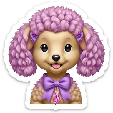 Peach-colored poodle with a narrow, short-haired face, hairstyle like Artemone. Long fluffy ears, each with a thin braid tied with a pink bow at the end. Happy face, smiling. A lilac branch in the mouth. sticker