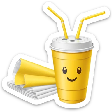 napkins, soda straws, yellow disposable cup sticker