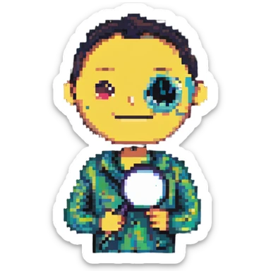 man with magnifying glass, raised eyebrows, smiling, pixel art style sticker
