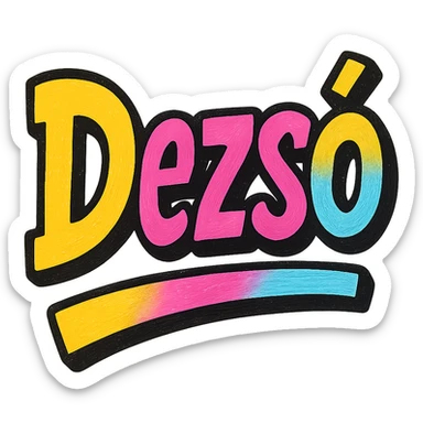 The name 'Dezső' in a modern, colorful gradient font with a dark outline, dynamic, slanted or partial underline, in the style of reference patterns. sticker