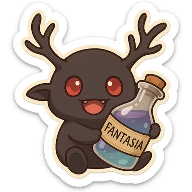 Final Fantasy spriggan holding a bottle of Fantasia, adorable and expressive chibi stickers style sticker
