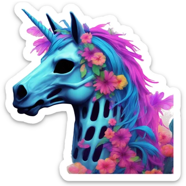 Neon Zombie Pegasus unicorn skeleton psychedelic flowers floral groovy art neon rave raving sticker
