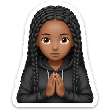 African American dark skin girl with long black box braids wearing a black hoodie with hands folded together sticker