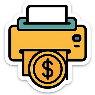 money printer designed as a gold coin with subtle dollar sign details, modern icon style sticker