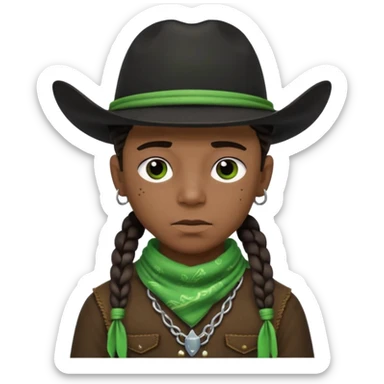 Black boy with three braids near each eye wearing a black cowboy hat with green bandana around his neck sticker