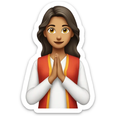 A teenage girl wearing plain white v  neck kurty, with no designs . She is also wearing red modi jacket. She is joining her hands a praying  sticker