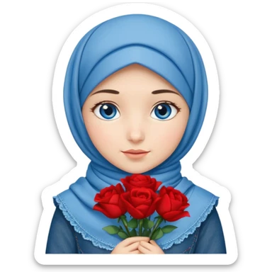 Turkish beautiful finish Konya girl blue eyes with denim bow hijab islamic dress and had on her hand red bouquet  sticker