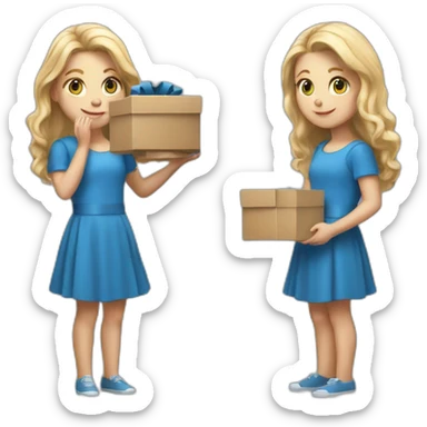 realistic white blode long hair girl in a blue dress holding a box with effort sticker