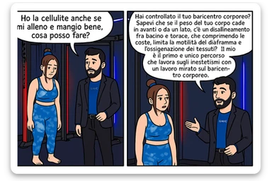 TRASFORMA QUESTO CAROSELLO IN UN FUMETTO CON QUESTE DUE PERSONE IDENTICHE CHE INTERLOQUISCONO TRA LORO:

LEI: Ho la cellulite anche se mi alleno e mangio bene, cosa posso fare?

LUI: Hai controllato il tuo baricentro corporeo?
Sapevi che se il peso del tuo corpo cade in avanti o da un lato, c’è un disallineamento fra bacino e torace, che comprimendo le coste, limita la motilità del diaframma e l’ossigenazione dei tessuti?
Il mio è il primo e unico percorso che lavora sugli inestetismi con un lavoro mirato sul baricentro corporeo. sticker