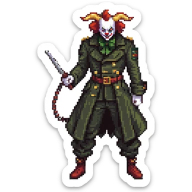 evil clown soldier, bald, small black horns on forehead, fangs, pointed ears, eye patch over one eye, long coat over black and military green clothes with bellbottom pants, tail, holding an Indiana Jones-style whip, realistically proportioned, less bulky, full body, fighting stance sticker