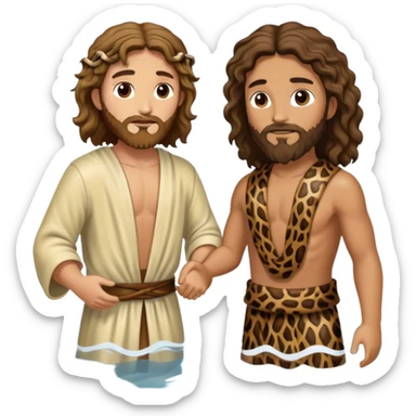 wavy hair John the Baptist, animal skin clothes, meets Jesus in the water, they have clothes on sticker