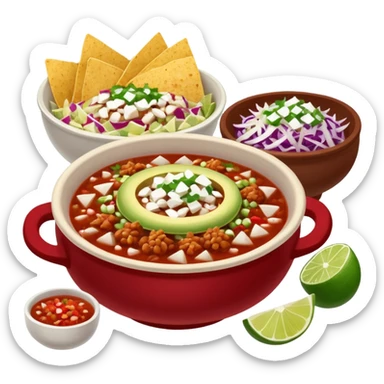 A delicious hot bowl of pozole rojo with sides next to the bowl in separate bowls each: chopped onions, shredded cabbage, lime wedges, red chile de arbol salsa, and full round tostadas sticker