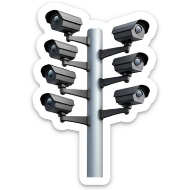 Multiple CCTV cameras on a pole in black facing individual different directions  sticker