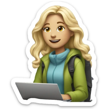 Remote blonde girl with a laptop on the mountain slopes ⛷️ sticker