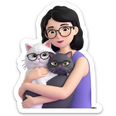 Skinny woman with oval glasses, shoulder length straight black hair, wearing white sleeveless top, hugging a grey Persian-Angora cat, plain background sticker