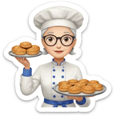 Older female pastry chef – round glasses, oven mitts on, holding a tray of pastries.

 sticker