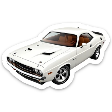 White 1971 Dodge Challenger with distinct muscle car silhouette, accurate 30-degree angle showing detailed front end and profile, maintaining authentic structure, all-white finish, iOS emoji style sticker