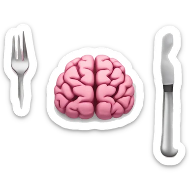 A white food plate with a knife and fork on either side. A pink brain is on the plate sticker