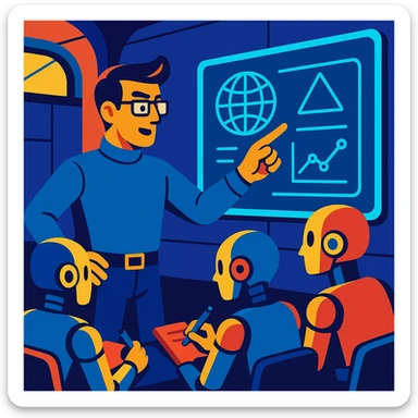 A futuristic classroom scene with a human teacher pointing at a holographic blackboard while androids take notes sticker