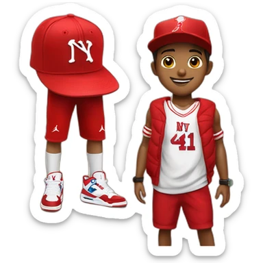Morocho boy in red attire with a red NY cap red and Jordan Retro 4 red🌟. sticker