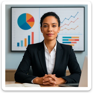 A mixed race female executive at a desk, with charts and graphs in the background, exuding leadership and success. sticker