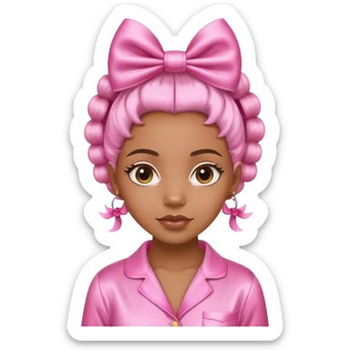 light skin black girl in pink satin pajamas doing skin care wearing bows on her hair sticker