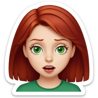 Dark red haired girl with green eyes making a silly face sticker