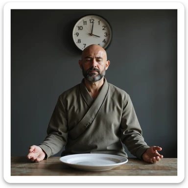 Hyperrealistic 4K image of a man meditating in front of an empty plate, clock indicating 23 hours of fasting, Zen minimalist environment, detailed facial features reference. sticker