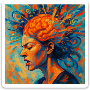 the brain of a woman exploding, expressive, dynamic, visually striking, no gore, creative and artistic sticker