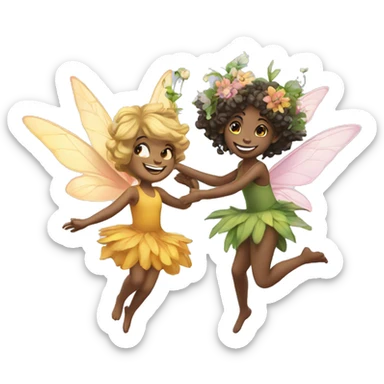two fairies flying, beautiful, flowers in hair, smiling sticker