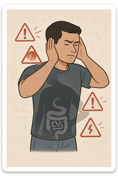 uomo che ignora i suoi un mal di testa, mal di schiena e dolore articolare e ignora ogni segnale e messaggio che il corpo manda per avvertirlo, ma alla fine dipendono tutto dai parassiti intestinali  sticker