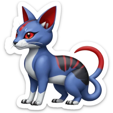 Dark-greyish-blue-grey-black, with red markings, white belly, scaley Bastet-Noibat-Gatomon-Digimon-Fakémon-Pokémon-creature (full body) sticker