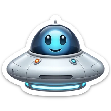 Design a simple, friendly spaceship with a smooth, rounded shape. Add a clear 'face' on the front using glowing lights for eyes and a curved line for a smile, giving it personality. Use a plain background to keep the focus on the ship. sticker
