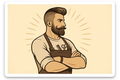 shu pozada turgan faqat chap tarafga qarab turgan sartarosh ustani tasvirlab ber sticker