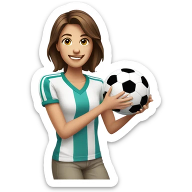 Pretty woman with short brown hair holding a soccer ball sticker