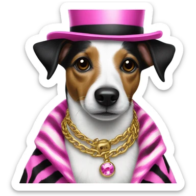 Black jack russell dog with top hat on wearing a pink zebra coat and a gold chain  sticker