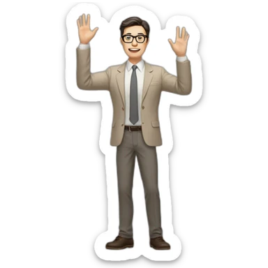 Full height Actively gesturing with hands Pale skinned fit man with dark brown hair in gray jacket, beige office shirt, brown tie, brown pants and vintage glasses. sticker