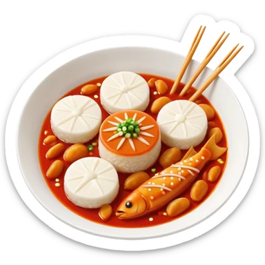 떡볶이, rice cakes and fish cakes in spicy sauce, playful and bright sticker