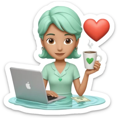 3D clay character relaxed with laptop and coffee, floating icons (envelope, heart, dollar), mint green (#34D399) outfit, coral (#FF7F6B) floating icons, white laptop, Pixar style, transparent background sticker
