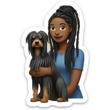 Black woman with long dreads holding a yorkiepooh dog sticker