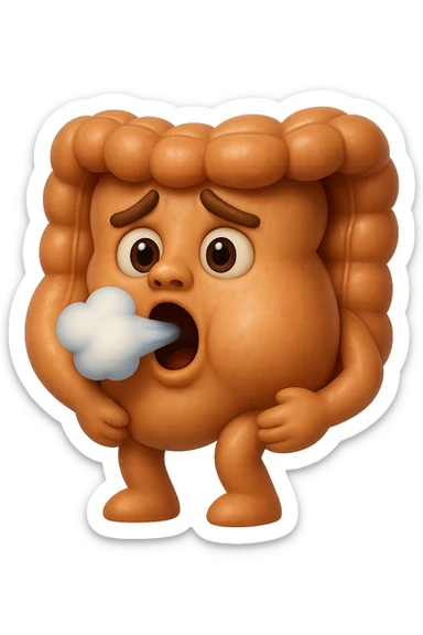 emoji stile iphone di un intestino che ingoia una nuvoletta di aria ben visibile e gli si gonfia la pancia, iperrealistico 4k sticker