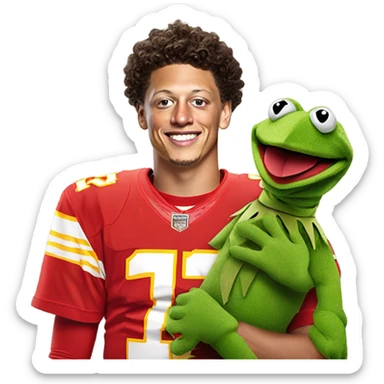 Patrick Mahomes using Kermit the frog puppet at interview sticker