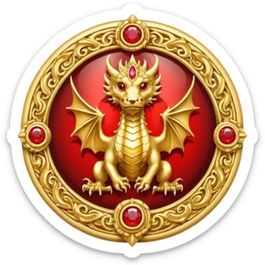 Golden Dragon with wings crest/brosch in a circle with red gems sticker