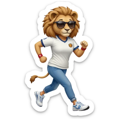 confident anthropomorphised female lion wearing a baseball shirt, jeans, trainers, dark sunglasses, jogging upright, looking self-assured sticker