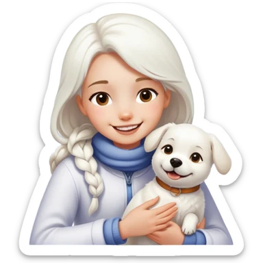 girl smiling with White dog in snow sticker